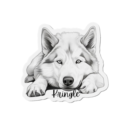 "This captivating dog magnet features a stunning Siberian Husky with piercing blue eyes and a thick silver coat, posed majestically against a snowy backdrop."