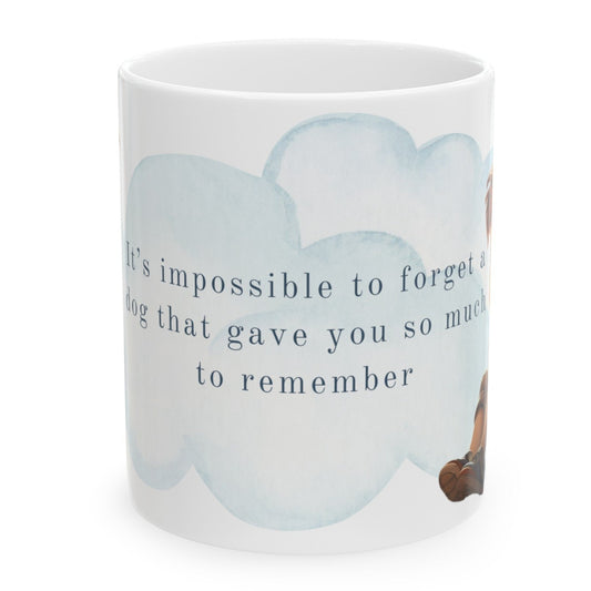"Simple sentimental dog coffee mug with the quote 'Love is a four-legged word' in elegant typography. This dog mug celebrates dog moms, making it a perfect dog mom mug gift. The design is tasteful and minimalist, with a warm beige background enhancing the heartfelt message."