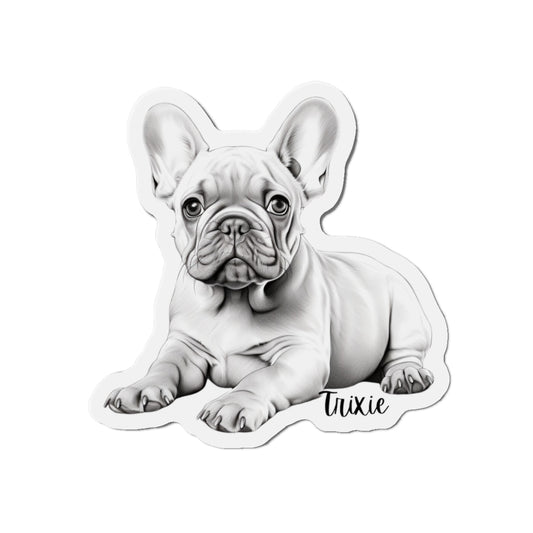 "A French Bulldog dog magnet depicting the breed in a playful stance, tongue out and eyes bright. The background is a vibrant green, highlighting the dog's sleek, brindle coat and joyful expression, perfect for adding a lively touch to any fridge or metal surface."