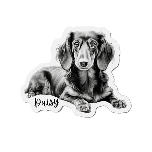 "A Dachshund dog magnet depicting a cheerful Dachshund wearing a festive birthday hat and a bright red bow tie. This colorful magnet adds a playful touch to any metal surface, perfect for celebrating special occasions."