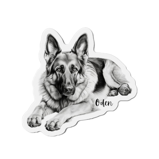 "A German Shepherd dog magnet showcasing a proud and alert German Shepherd standing in a classic pose. The magnet captures the dog’s striking features, including its pointed ears and intelligent eyes, set against a rustic, earthy background. This magnet is perfect for adding a touch of loyalty and strength to any magnetic surface."