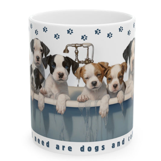 "Charming white dog coffee mug designed for dog lovers, featuring playful dog illustrations and paw prints. This dog mug is the perfect choice for a dog mom, adorned with heartwarming quotes about pets and a whimsical design that celebrates canine companionship."
