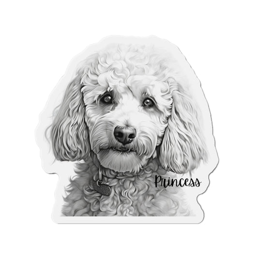 "A Poodle dog magnet featuring an elegant white Poodle in a classic show cut, standing poised with a proud expression. The sophisticated design of the magnet emphasizes the breed's distinctive curly coat and intelligent eyes, making it a stylish addition to any metallic surface."
